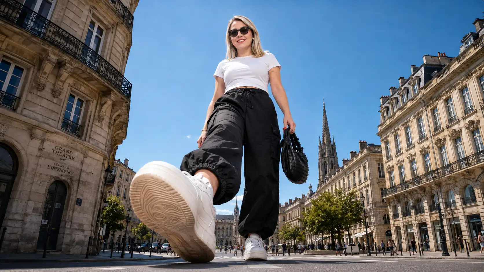 Anaëlle Laurens marchant dans le centre de Bordeaux, devant le Grand-Théâtre.