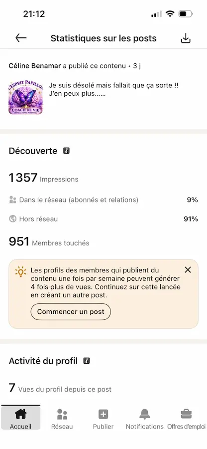 Publication de Céline ayant obtenu 1 357 impressions et 951 personnes touchées