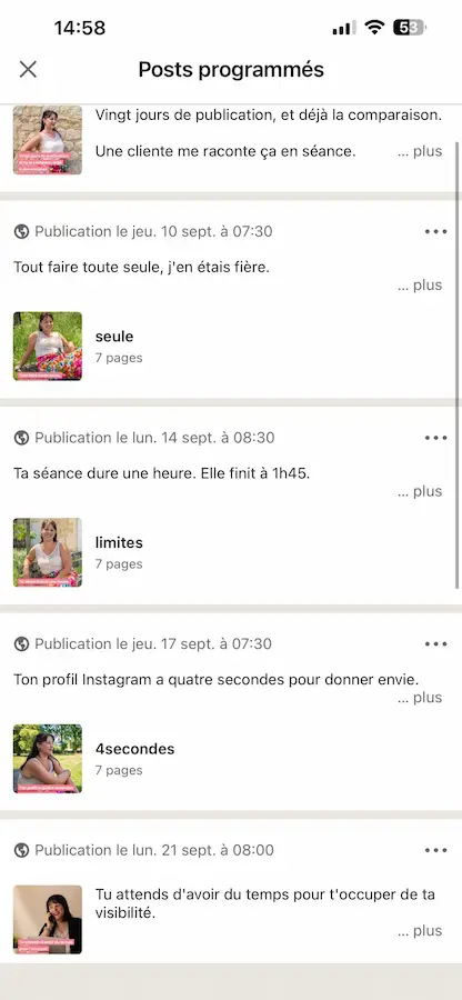 Publications LinkedIn programmées par Mégane pour le mois de septembre